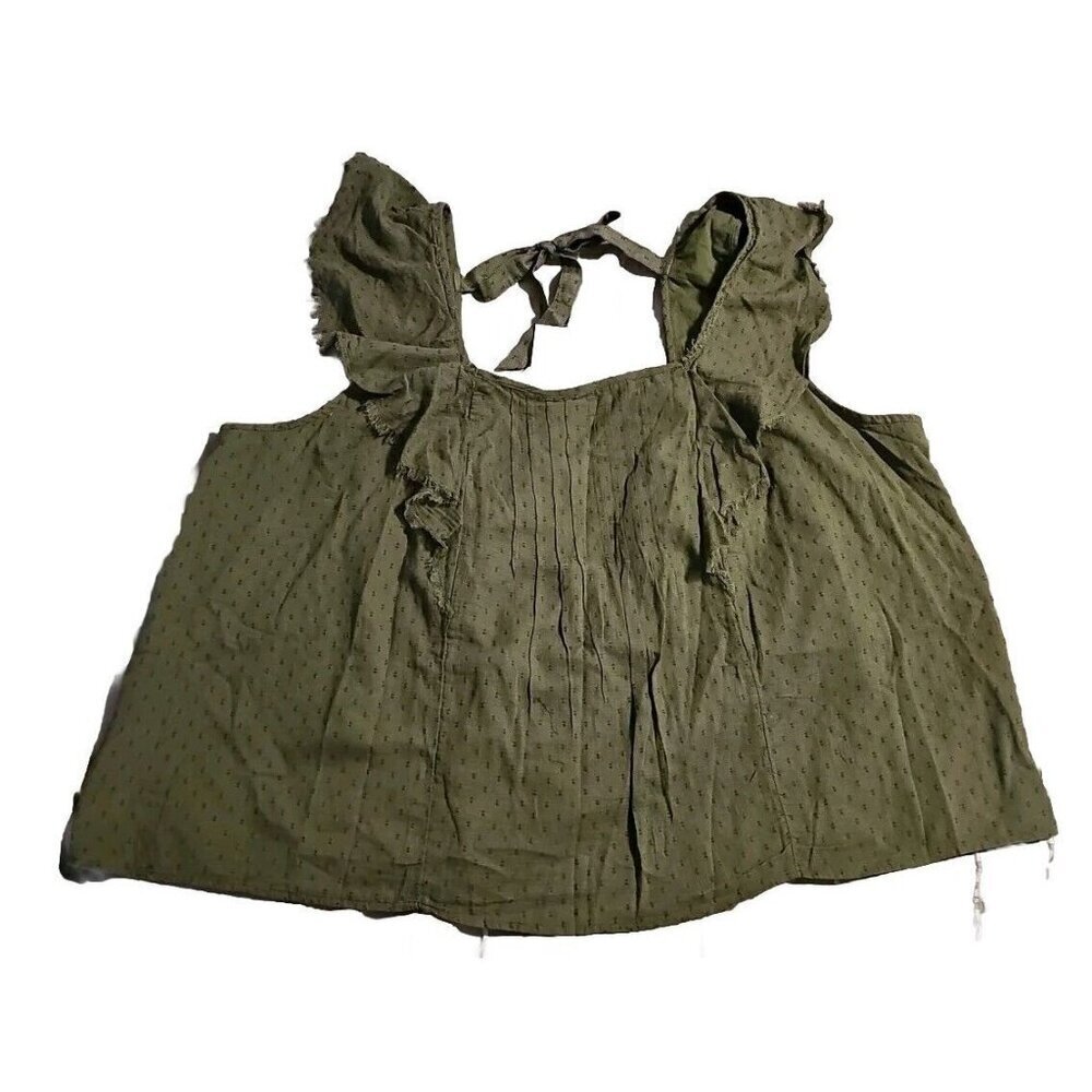 True Craft Shirt Women 3X Olive Peasant Prairie Flutter Sleeve Smocked Tie Back